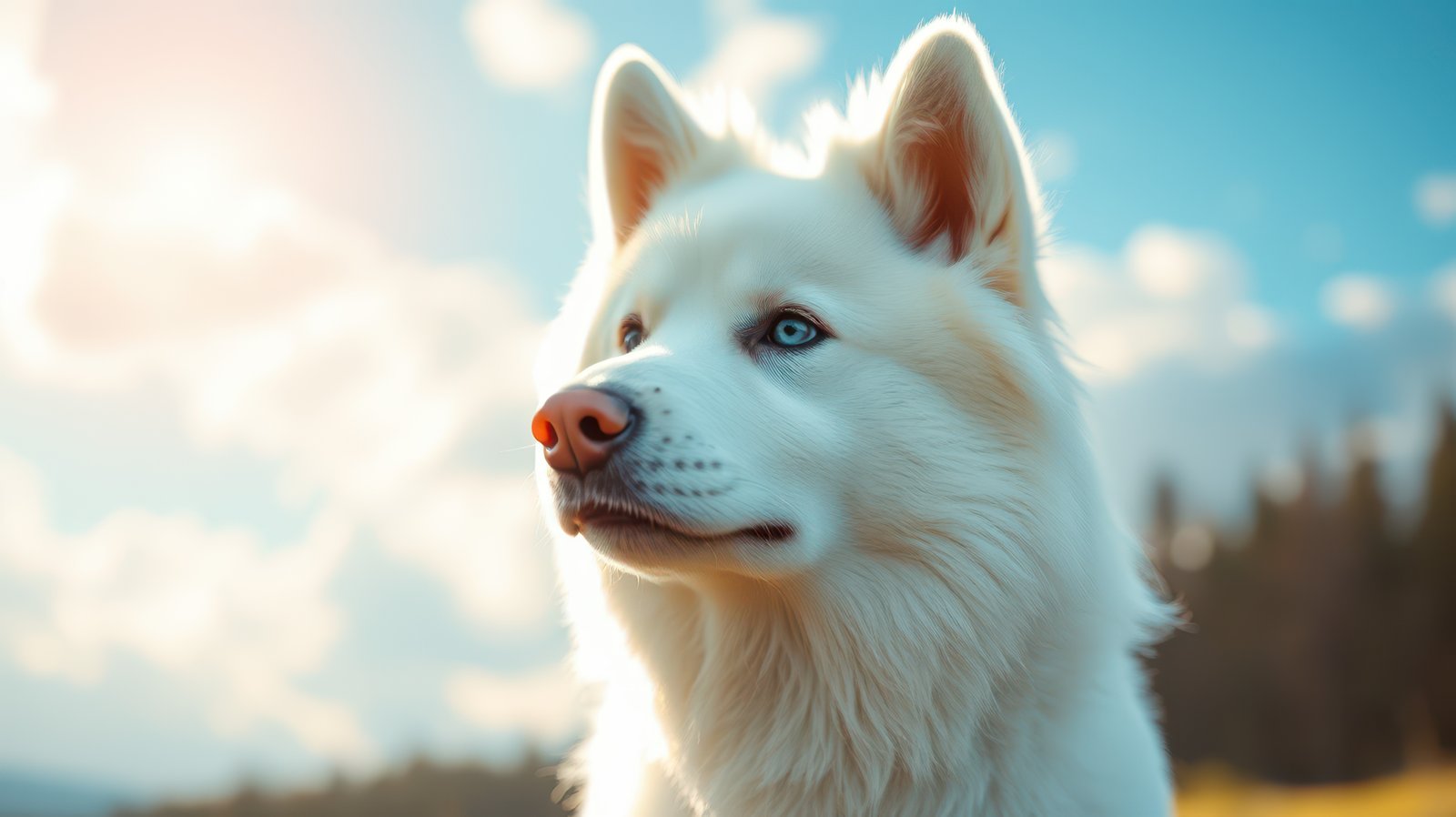 Beautiful white dog gazes at the horizon in a serene natural setting during golden hour